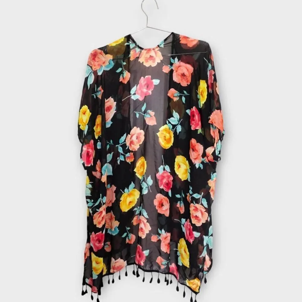 Womens Coverup Semi Sheer Black Red Pink Floral Knee Length Open Pom Poms Beachy